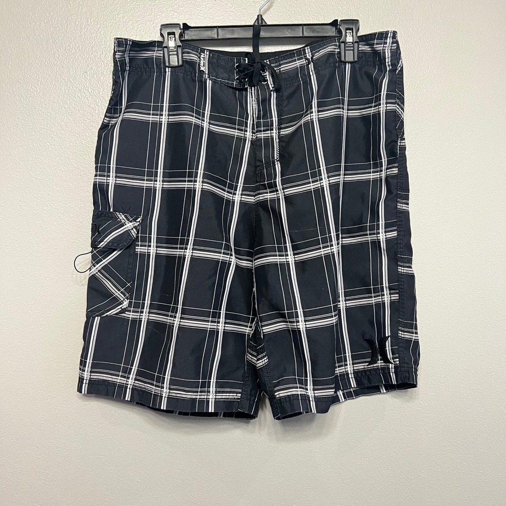 Hurley‎ Mens Black White Plaid Board Shorts Swim Trunks Size 34 MBS0000750